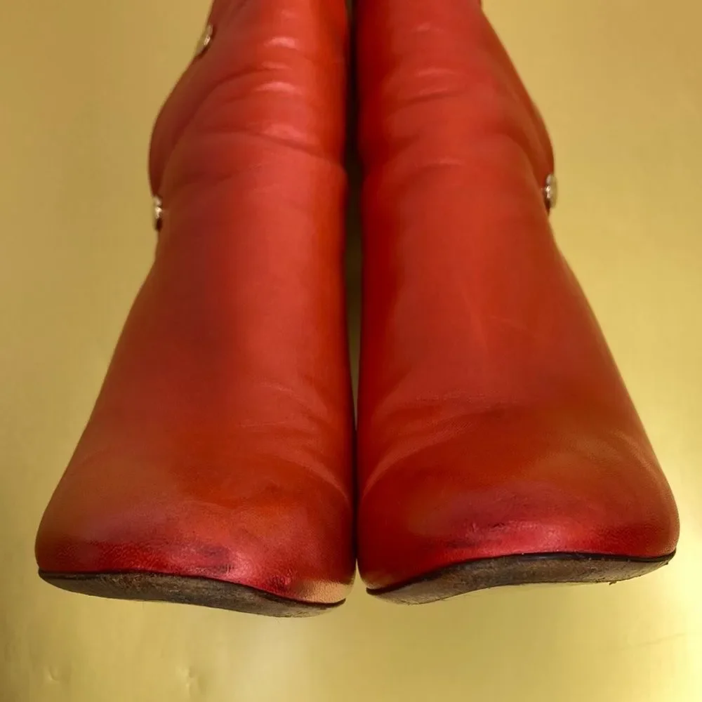 Jimmy Choo Boots Dayno Leather Mid Calf Vibrant Red Gold Button Closure Boots - Picture 16 of 16